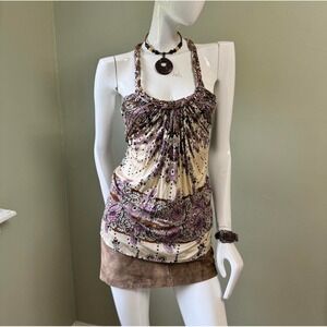 Y2K Sky Boho Floral Halter Top with Braided Beaded Straps – Size Small